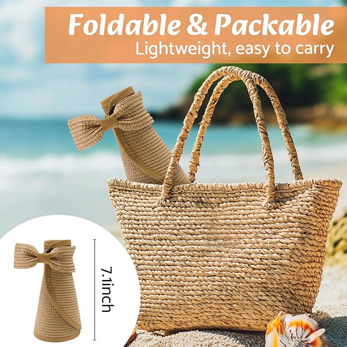NPQQUAN Sun Visor Hats for Women Wide Brim Ponytail Straw Beach Hat Packable Foldable UPF 50+ Floppy Travel Hats