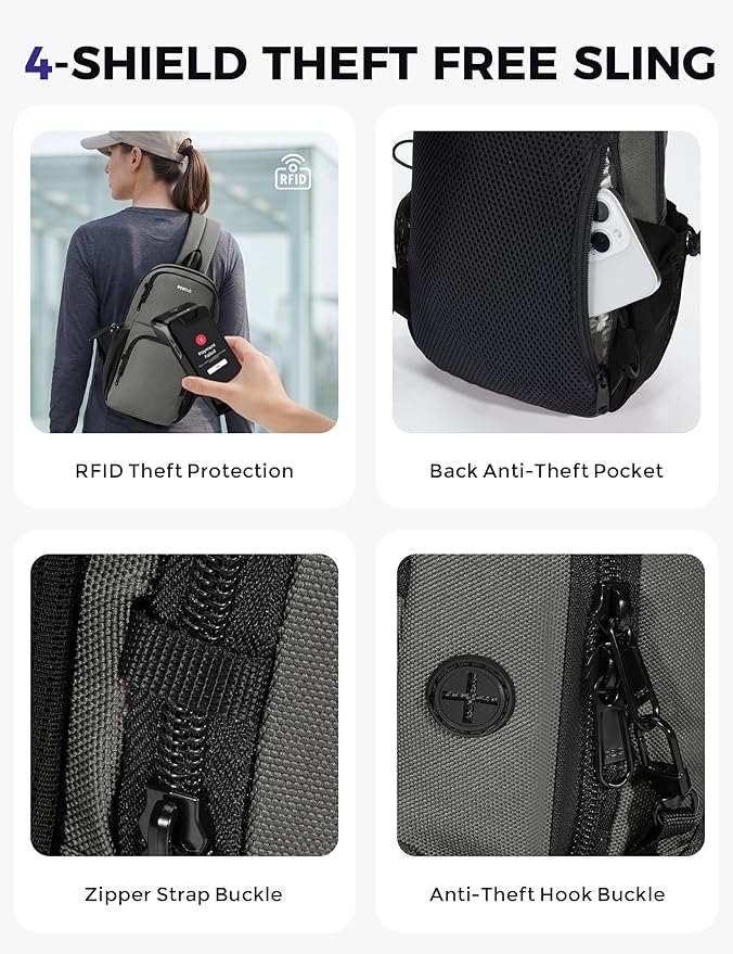 ECOHUB Crossbody Bags for Women Men, Anti-Theft RFID Blocking Sling Backpack Water Resistant Chest Shoulder Daypack, Grey