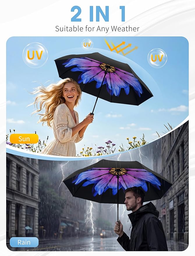 Yoobure Compact Travel Umbrella - Windproof Umbrellas for Rain, Small Portable UV Umbrella for Sun Protection, Folding Automatic Umbrellas in Lightweight for Car, Backpack, Walking, Kids, Women