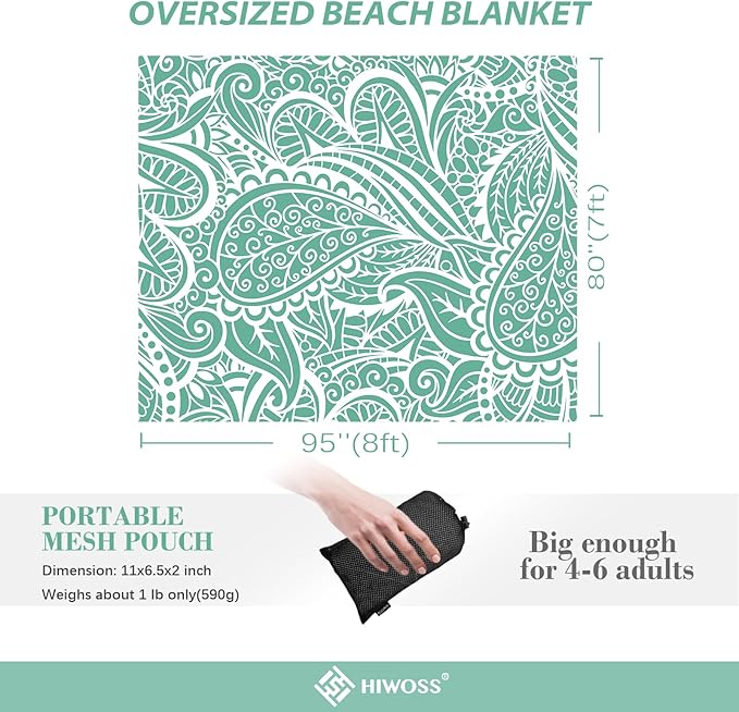 Beach Blanket Waterproof Sandproof Oversized 95”x 80”,Sand Free Beach Mat with Corner Pockets,Portable Mesh Bag for Beach Festival,Picnic,Travel and Outdoor Camping (Greenleaf)