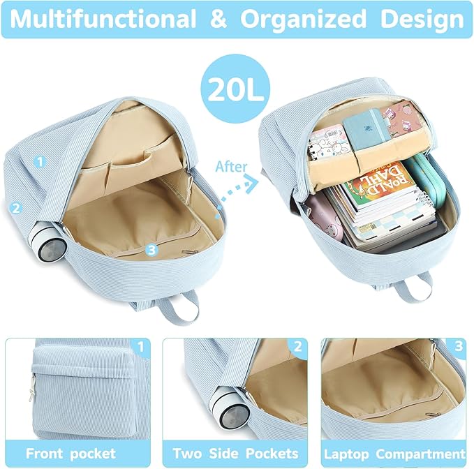 Bluboon School Backpack for Teen Girls Bookbags Elementary High School Corduroy Laptop Bags Women Travel Daypacks