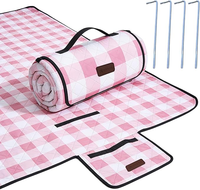 HX&OD Outdoor Picnic Blanket, Extra Large, 80''x80'' Waterproof Foldable Blankets Gingham Picnic Mat for Beach, Camping Grass Lawn Park Accessories Cute Couple Ideas Wedding (Pink, 80”x80”)