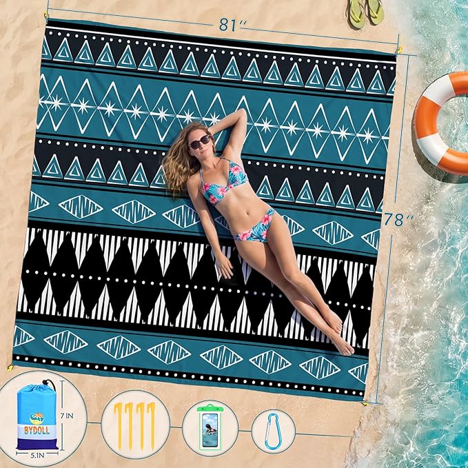 BYDOLL Beach Blanket Waterproof Sandproof Large Sand Free,78''X81''/10'X9' Oversized Sandless Lightweight Blanket Picnic Mat for Beach Travel Camping Hiking with Stakes