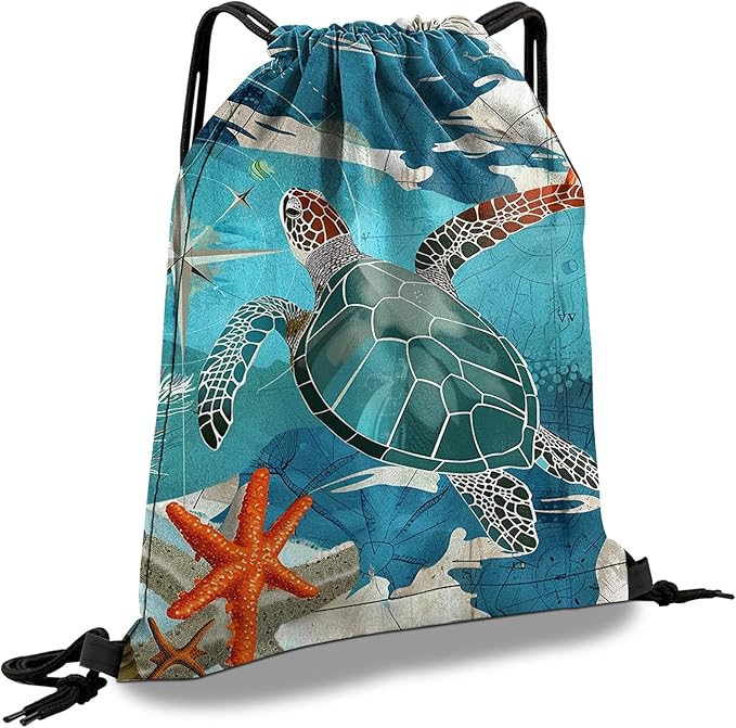 Drawstring Backpack Draw String Sports Bags for Gym Travel Beach Waterproof Cute Sackpack Men Women Aesthetic (13"×17")-Sea Turtle