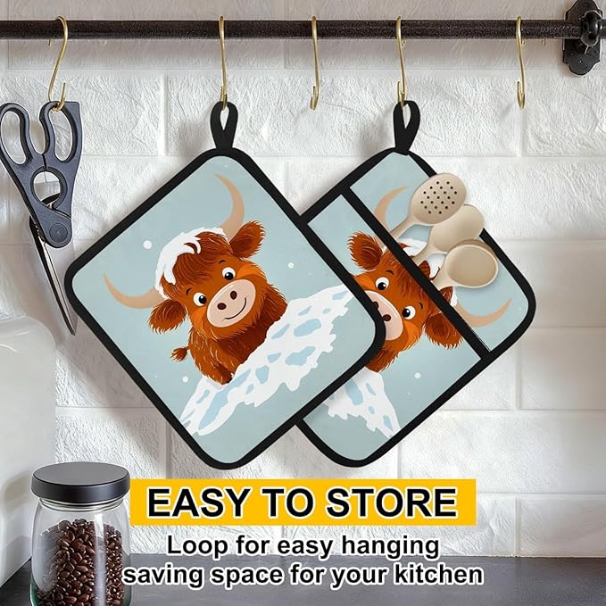Cartoon Snow Highland Calf Pot Holders with Pockets 2 PCS, Heat Resistant Oven Mitts Hot Pads for Kitchen Baking Cooking, Square Thick Pot Holders Kitchen Hot Potholders, 8.5x10 Inches