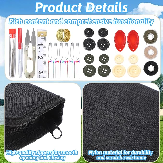 Small Sewing Kit, Durable Nylon Portable Small Travel Button Sewing Kit Complete Thread Needle Repair Tools with Zipper for Men Women Outdoor Travel Field Emergency (Black)