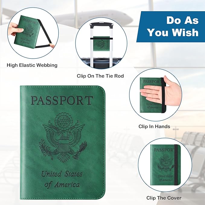 Passport Holder for Travel Essentials Wallet Rfid Blocking Cover Leather Case Vacation Travel Accessories for Women Men (602#Green)