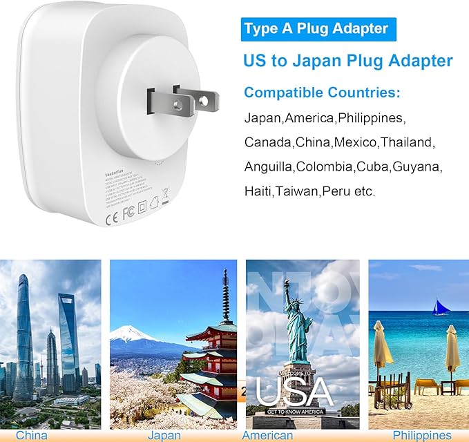 US to Japan Plug Adapter 2 Prong to 3 Prong Outlet Adapter Converter Type A with 4 USB Ports 2 Pack Japan Power Adapter, Philippine Canada Taiwan Japan Travel Cruise Essentials