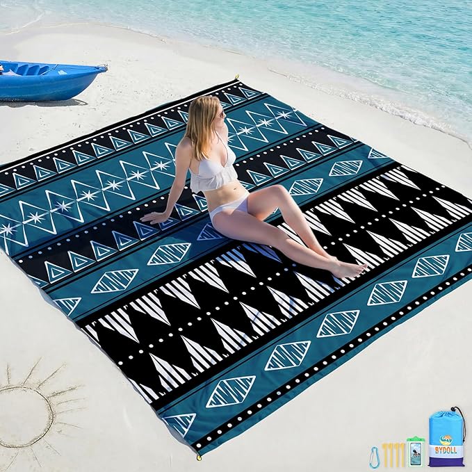 BYDOLL Beach Blanket Waterproof Sandproof Large Sand Free,78''X81''/10'X9' Oversized Sandless Lightweight Blanket Picnic Mat for Beach Travel Camping Hiking with Stakes