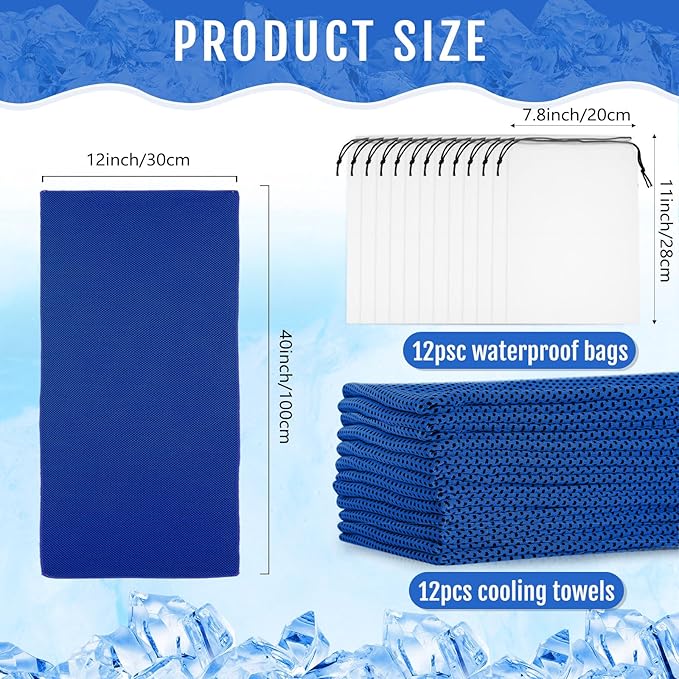 Hosuly 12 Pcs Cooling Towels for Face and Neck 12 x 40 Inch Workout Towels for Gym Fast Drying Hot Weather Sweat Rag Cold Cooling Cloth with 12 Bags Athletes Sport Yoga Golf(Dark Blue)