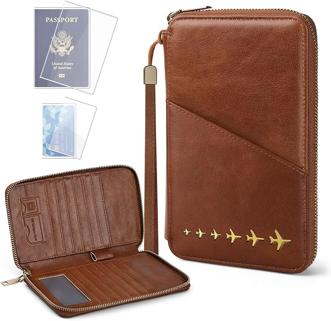 Family Passport Holder for 4 with Clear Passport Cover Anti-Theft RFID Blocking Passport Holder for Travel PU Passport Wallet Case Travel Document Organizer (Brown)