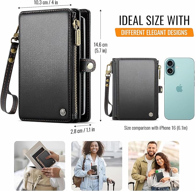 Passport Holder Wallet Bag with AirTag Holder, 11 Card Slots and Passport Solt Cash Solt Photo Solt Zipper Pocket, RFID Blocking Wristlet Strap.Black