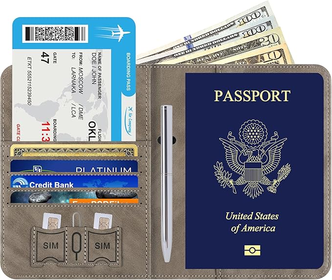 Airtag Passport Holder for Travel Essentials Wallet Rfid Blocking Cover Leather Case Vacation Travel Accessories for Women Men (601#Grey)
