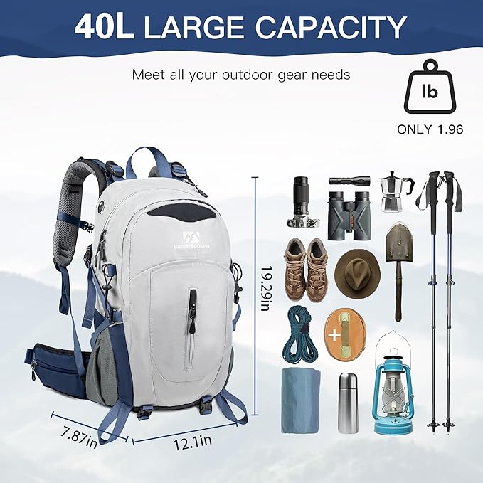 Farmer&Donkey Hiking Backpack, 40L Waterproof Camping Backpack with Packable Back Panel & Rain Cover, Men Women Rucking Backpacking Backpack Outdoor Sport Lightweight Travel Daypack for (Grey)