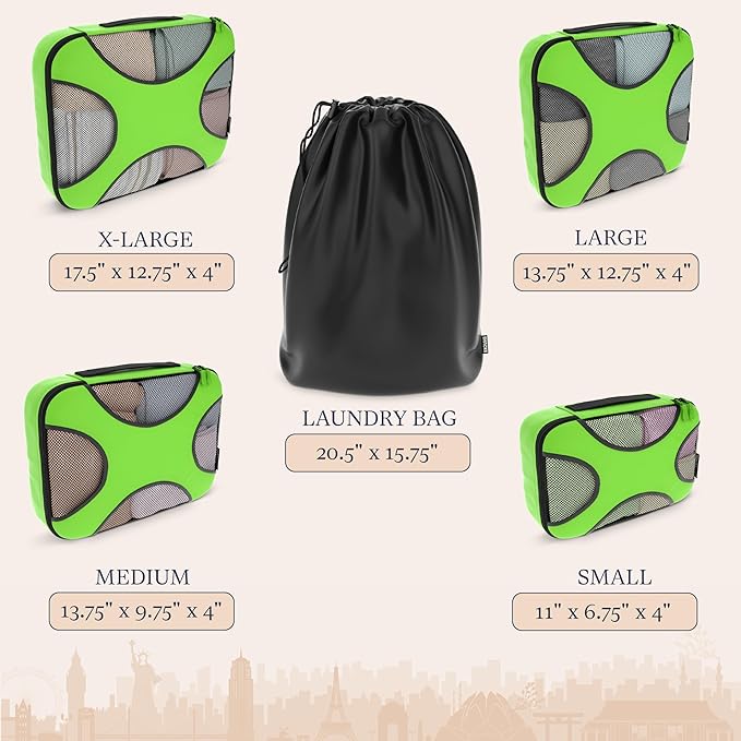 Shacke 5 Set Packing Cubes for Travel – Luggage Organizer & Suitcase Bags with Laundry Bag, Carry On Packing Organizer, Travel Accessories for Women Men (Green Grass)