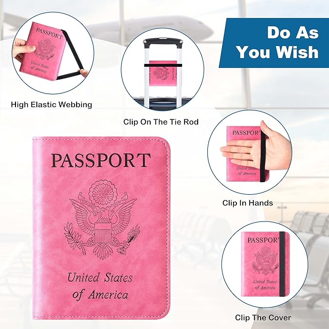 Airtag Passport Holder for Travel Essentials Wallet Rfid Blocking Cover Leather Case Vacation Travel Accessories for Women Men (601#Pink)