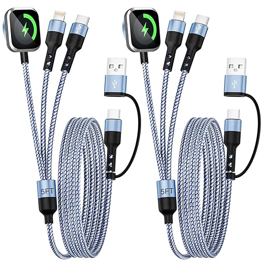 2026 Car Essentials 3 in 2 Multi Charging Cable for iWatch Charger/iPhone Charger/CarPlay Cable, 2Pack 5FT USB C/L/iWatch Charging Cords for iWatch 11-1/iPhone 17-11, Android Car, Blue