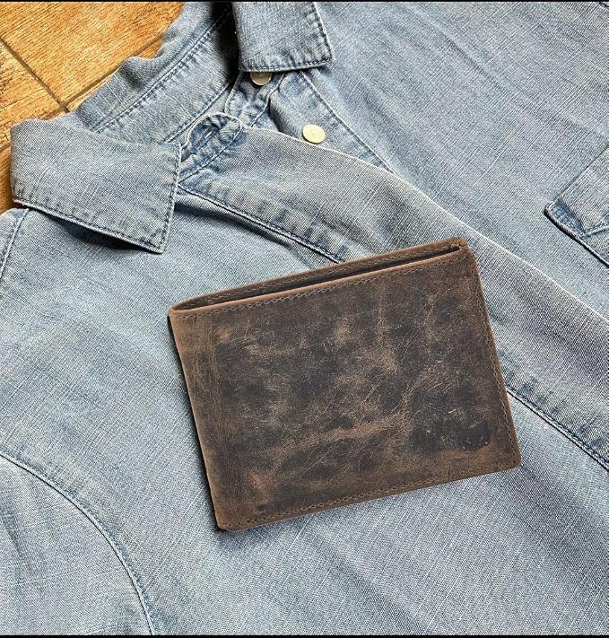 Real Leather Mens Bifold Wallet RFID Blocking Slim Minimalist Front Pocket - Thin & Stylish with ID Window in Gift Box (Crazy Horse, Moss)
