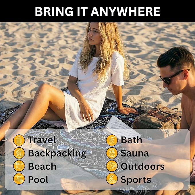 Travel Towel – Packable, Lightweight, Quick-Dry, Fade Resistant, Sand-Repellent – Soft Microfiber Towel for Travel, Backpacking, Beach, Pool, Outdoors – Double-Sided Print – 60” x 30”