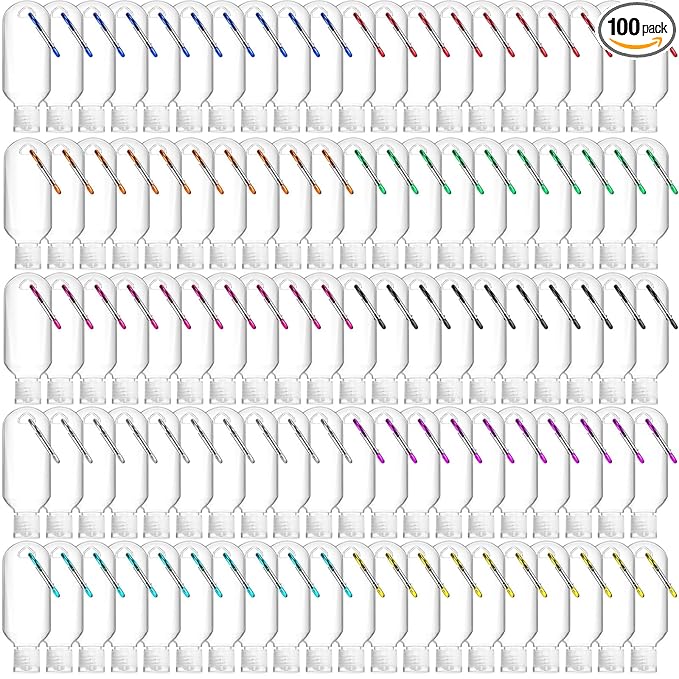 FairySandy 100 Pcs Traveling Bottles with Keychain 2oz Clear Plastic Hand Sanitizer Holder Keychain Empty Refillable Liquid Packing Container Squeeze Plastic Bottle with Lid,Rectangle