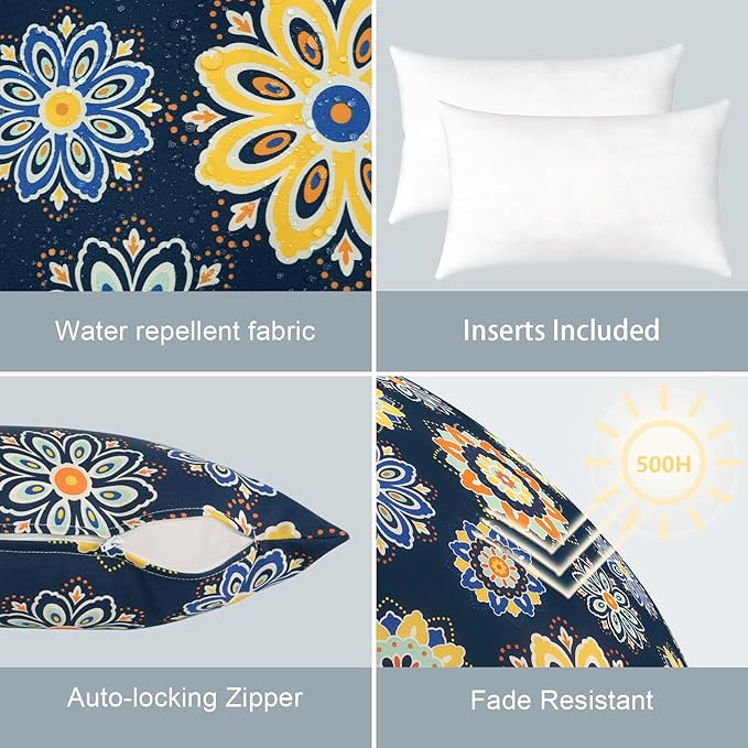 LVTLVTXIII 12×20 Inch Outdoor Lumbar Pillows, Pack of 2 Water Repellent Lumbar Pillow with Inserts, Fluffy Decorative Garden Lumbar Cushions for Home Patio Coach Sofa Use, Bloom Medallion‌ Cobalt