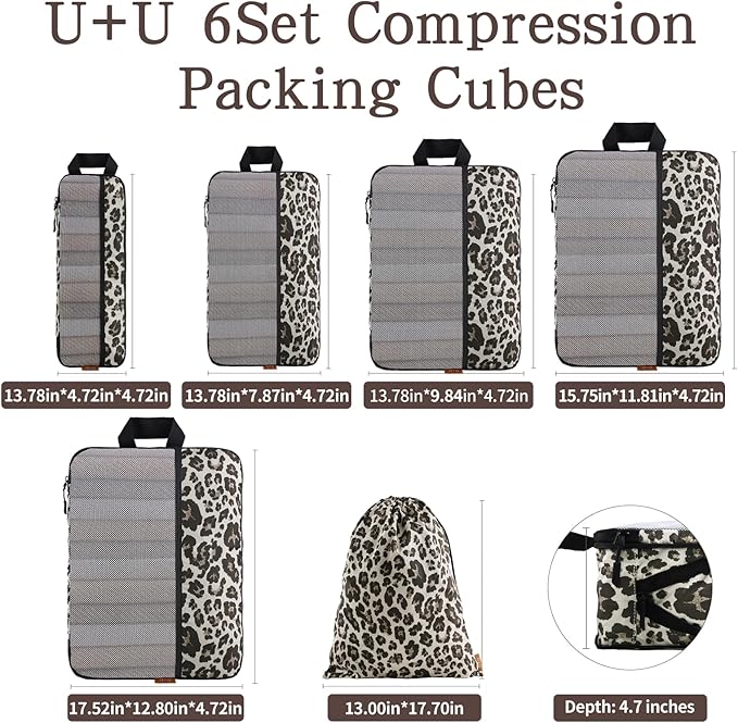U+U 6 Set Compression Packing Cubes - Travel Organizers with Laundry Bag, Space-Saving Suitcase Organizer, Expandable Packing Organizers for Travel Essentials (Leopard)