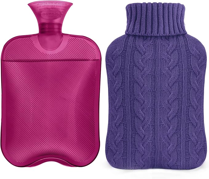 samply Hot Water Bottle with Knitted Cover, 2L Hot Water Bag for Hot and Cold Compress, Hand Feet Warmer, Ideal for Menstrual Cramps, Neck and Shoulder, Purple