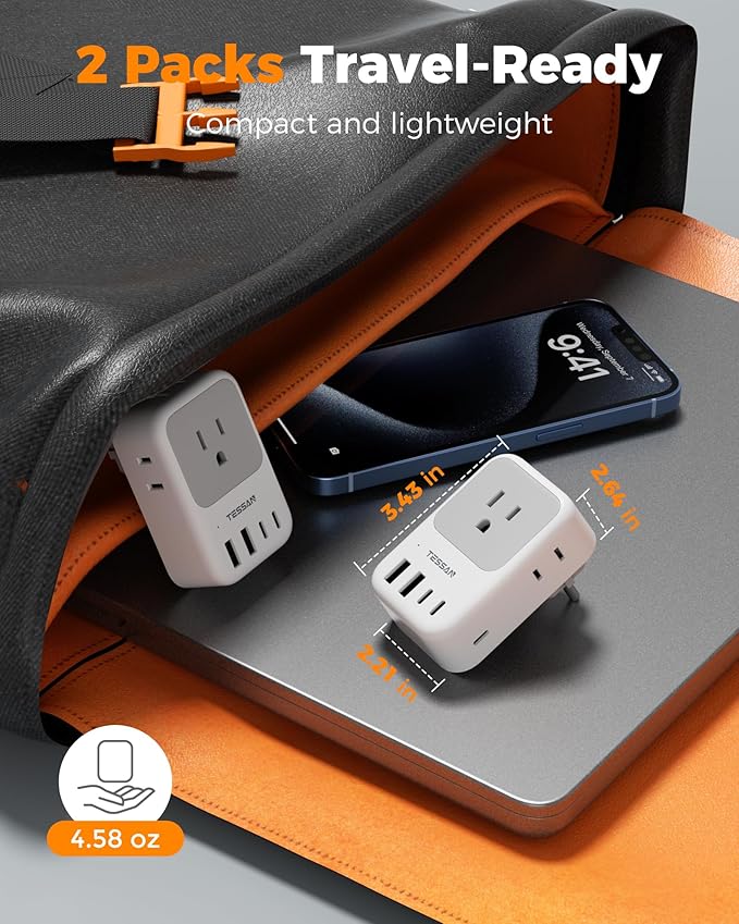 TESSAN Type F Plug Adapter 2 Pack, 28W Germany France Travel Plug Adapter with 4 Outlets 5 USB Ports (3 USB-C), Type E Power Adaptor for US to Europe Spain Iceland Greece South Korea Russia Norway