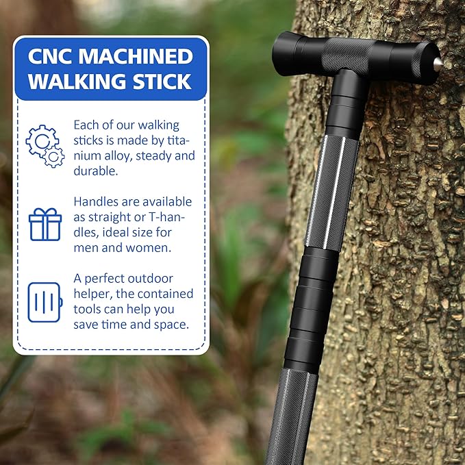 aiGear G2 Tactical Hiking Stick, Heavy-Duty 6-8 Section Adjustable Walking Staff for Men Women, Aerospace Aluminum Trekking Poles with Multi-Tool for Camping Wading Self Defense Overlanding