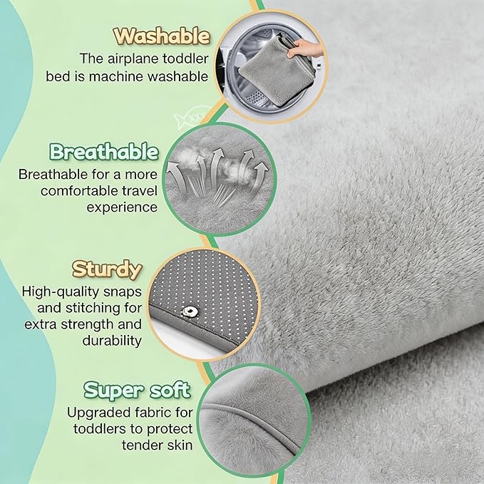 Grey Toddler Airplane Bed with Cloth Book, Portable Airplane Seat Extender Travel Bed for Kids, Soft Baby Plane Travel Essentials for Flying, Toddlers Long Flight Must Haves Footrest