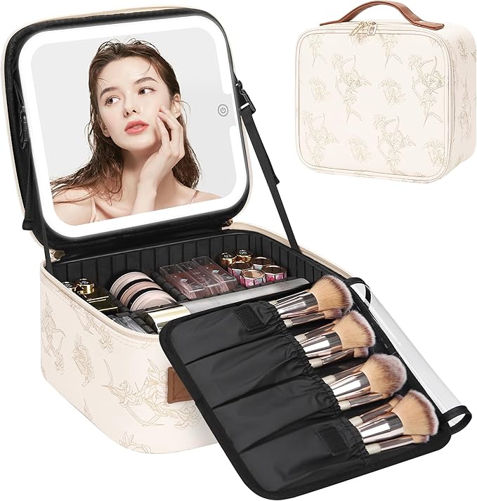 Relavel Travel Makeup Bag With LED Mirror, Portable Cosmetic Organizer Bag with Adjustable Brightness in 3 Color Scenarios, Small Train Case with Detachable Dividers for Trip- Lily Flower
