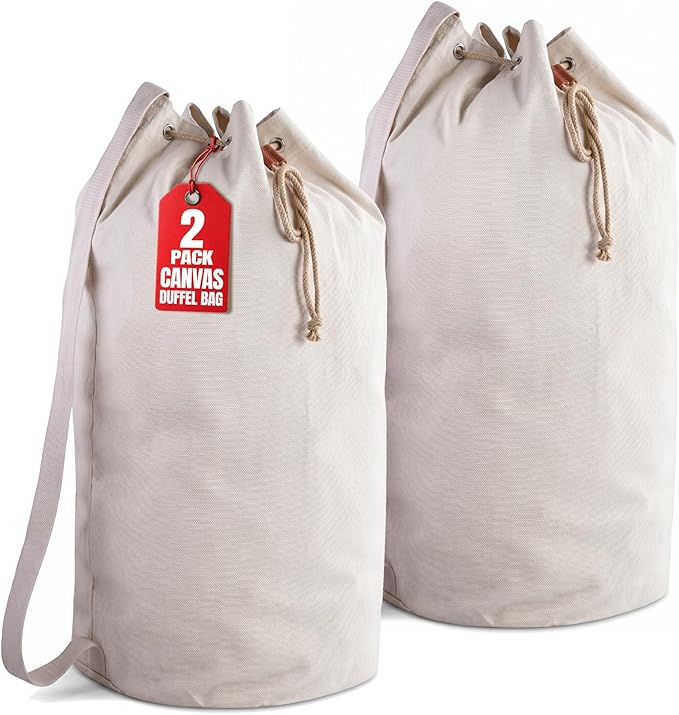 Handy Laundry Canvas Duffel Bag - Drawstring, Leather Closure, Shoulder Strap. (2-PACK)