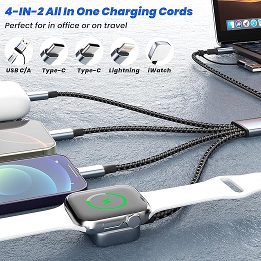 Travel Vacation Essentials 4 in 2 Dual Type C Multi Charging Cable for Apple Watch Charger,USB A/USB C Multiple Charger Cord for All Devices Compatible with iWatch Ultra/SE/10-1,iPhone 16-11 and More