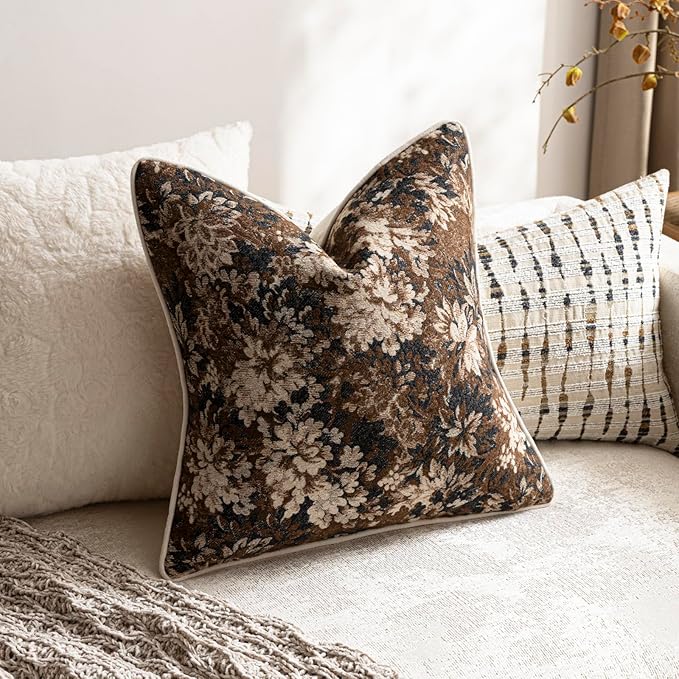 DEZENE Pack of 2 Vintage Floral Euro Sham Covers 26x26 Boho Farmhouse Accents Chenille Square Decorative Throw Pillow Cases for Living Room Couch Bed Home Decor, Dark Brown
