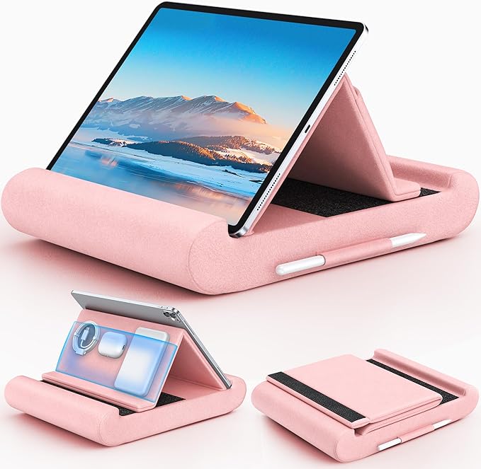 CreaDream Tablet Pillow Stand, Foldable Tablet Holder for Lap, Bed and Desk, Soft Pillow Pad with Pocket and Stylus Mount, for 4-13" Tablets, Like iPad Pro 11, 13, Air, Mini, Kindle, Galaxy Tab, Pink