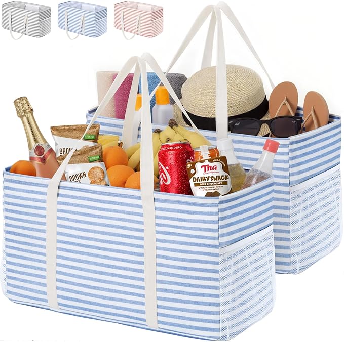 Lifewit Extra Large Tote Bag, Reusable Grocery Bags with Metal Wire Frame and Handles, Standing Utility Foldable Shopping Bags for Storage, Picnics, Beach, Laundry, Car, 46L, 2 Pack, Blue