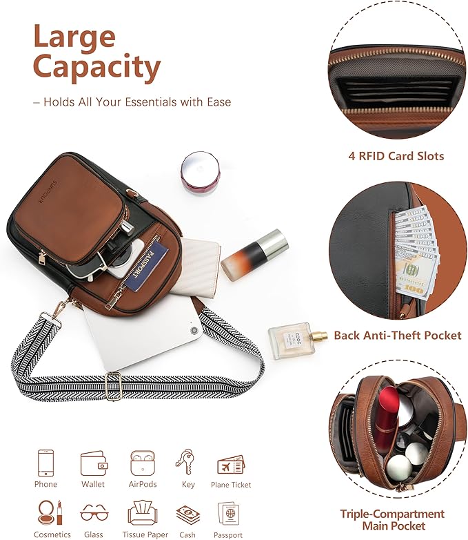 Anti Theft Crossbody Bags for Women,RFID Sling Bag Travel Purse,Vegan Leather Cross Body Purses Chest Bag for Travel(Black+Brown)