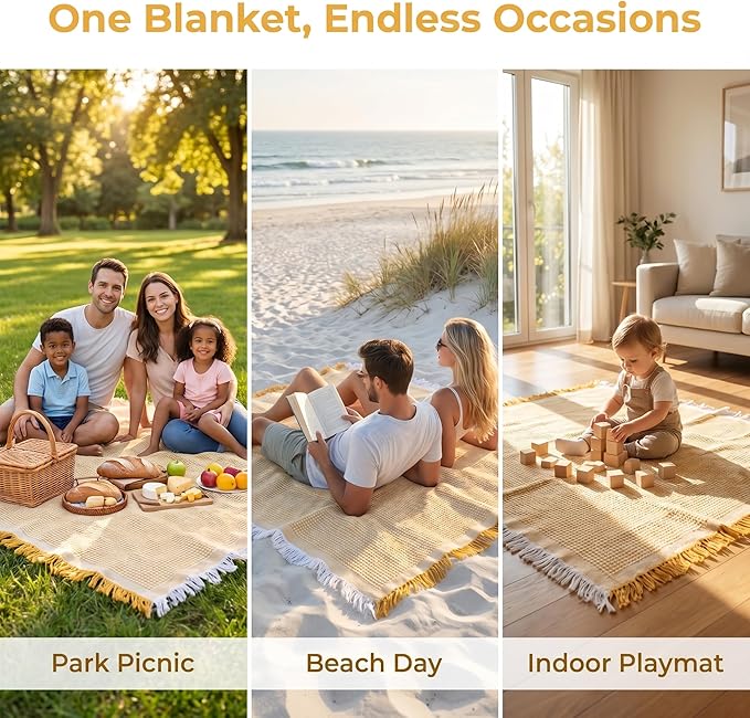 70"x 70" Picnic Blanket Extra Large,Layer Outdoor Blanket for 5 to 7 Adults,Camping Grass Lawn Park Accessories Cute Couple Gifts Ideas Wedding Registry for Park, Beach (Yellow)