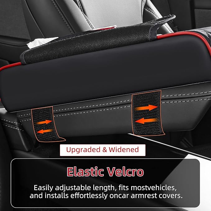 5 in 1 Car Center Console Cover, Armrest Pad with 2 Storage Pockets, Cup Holder, Tissue Slot, Phone Holder, Nappa Leather Memory Foam Car Accessories for SUV Sedan Truck (Black Red Stitch)