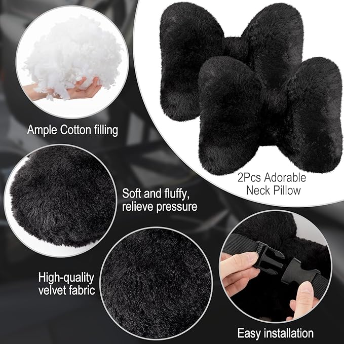 Macarrie 2 Pcs Car Neck Pillow Velvet Bow Headrest Pillow Soft Comfortable Seat Neck Support Cute Bow Car Accessories for Driving Travel Driver Chair Girl Style Interior Decor (Solid,Black)