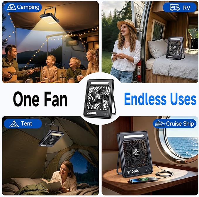 20000mAh Portable Rechargeable Fan, Max 60H Runtime, Ultra-Slim Camping Fan, 5 Speeds Battery Powered Fan with LED Lantern, 2/4/6/8 Timer Personal Travel Fan for Cruise Fishing Ship Tent Office Home