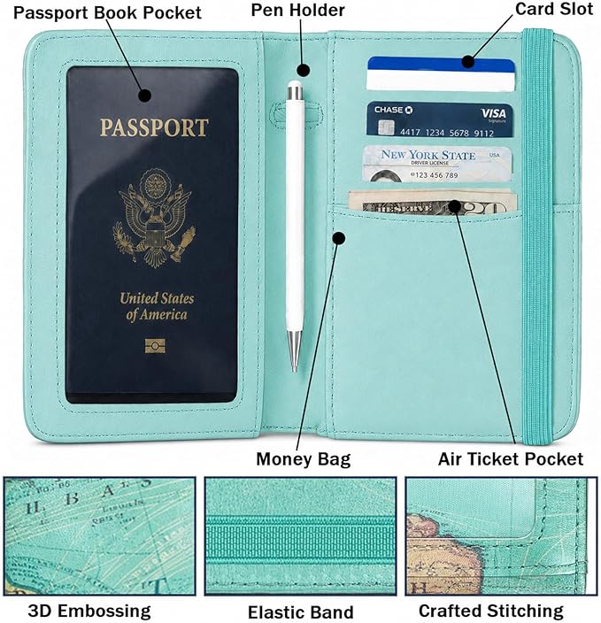 ZOPPEN RFID Blocking Passport Holder for Travel – PU Leather Waterproof Lightweight Passport Cover Wallet for Women Men, Travel Organizer with Card Slots for Airline Tickets & Passport Book, Map