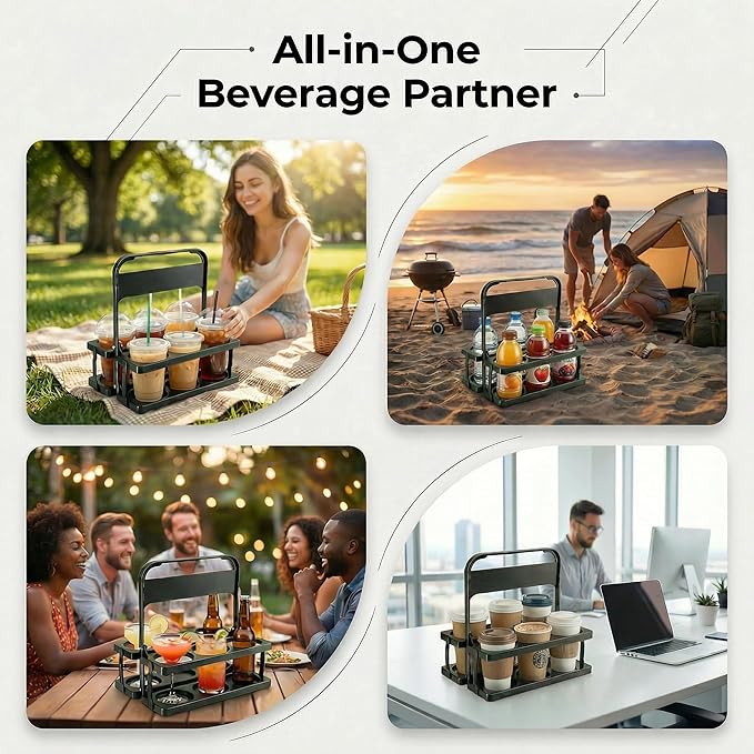 6 Cup Drink Carrier for Delivery - Foldable Drink Holder with Handle, Reusable Cup Carrier for Drinks, Portable Beverage Caddy Accessories for Parties, Camping, Car, Coffee & Bottles (Black)