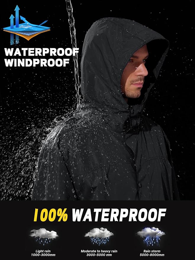 UIQUR Men's Rain Jacket Lightweight Long Raincoat Hood Rain Poncho Waterproof Windbreaker Cycling Running Hiking Packable