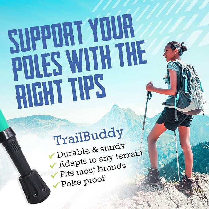 TrailBuddy Walking Stick Tips - Pack of 6 Replacement Rubber Cane Tips Fit Most Trekking & Hiking Poles w/Shock Absorption, Grip & Traction Protectors - 11mm Diameter