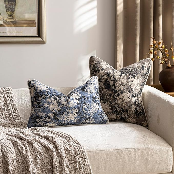 DEZENE Pack of 2 Vintage Floral Pillow Covers 12x20 Boho Farmhouse Accents Chenille Rectangular Lumbar Decorative Throw Pillow Cases for Living Room Couch Bed Home Decor, Dusty Blue