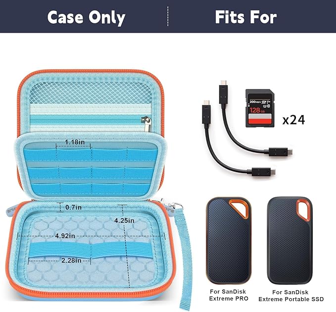 PAIYULE Case Compatible with SanDisk Extreme new and Old Model/Extreme PRO Portable SSD 500GB 1TB 2TB 4TB 8TB, Hard Travel Storage Case Holds 2 SSDs, 12 SD Card Slots, Cable Organizer,Blue