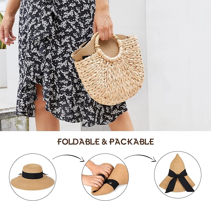 Beach Hat for Women, Wide Brim Sun Straw Hats for Women, Sun Hat Womens UPF 50+ UV Protection, Floppy Foldable Summer Hats