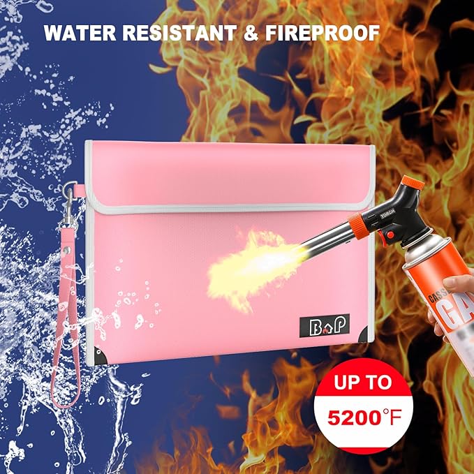 BALAPERI Fireproof Document Bag with Lock - 5200°F Heat Insulated, Water Fire Proof Bag with Zipper, Fireproof Money Bag for Cash, A5 Size Documents, Passport and Valuables, 11”X 7.7”(Pink)