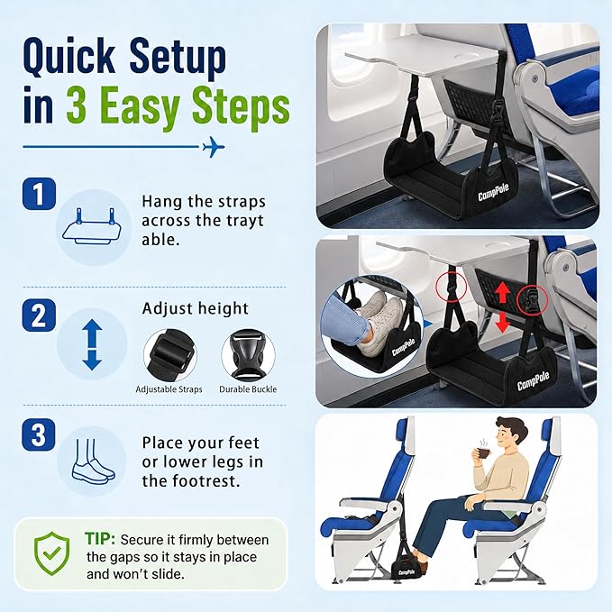 4 Pack Airplane Foot Hammock – Leg Pressure Relief Footrest for Plane Travel, No-Collapse Bamboo Support with Memory Foam Cushion, Adjustable Foot Sling for Long Flights & Office